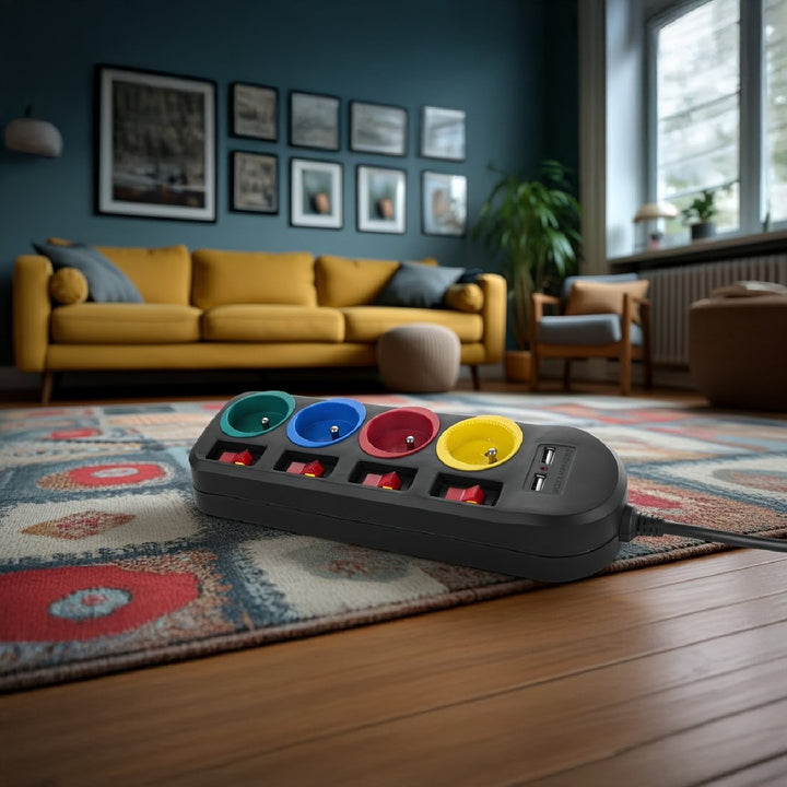 Maclean - Stekkerdoos met schakelaars met penaarde  - 4-voudig + 2x USB - 250VAC/10A, 2,1A 5V - 1.5m - Zwart