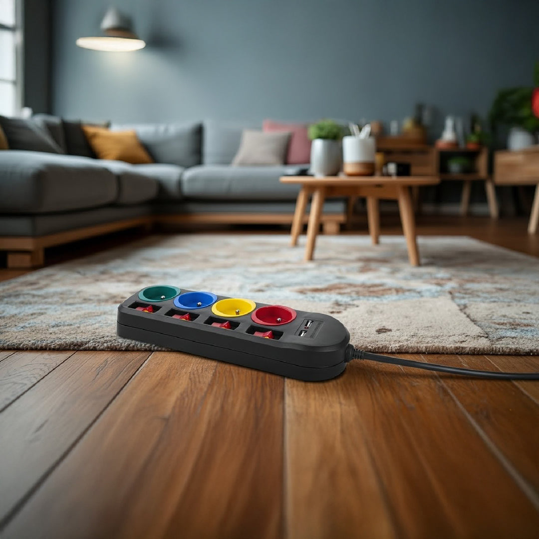 Maclean - Stekkerdoos met schakelaars met penaarde  - 4-voudig + 2x USB - 250VAC/10A, 2,1A 5V - 1.5m - Zwart