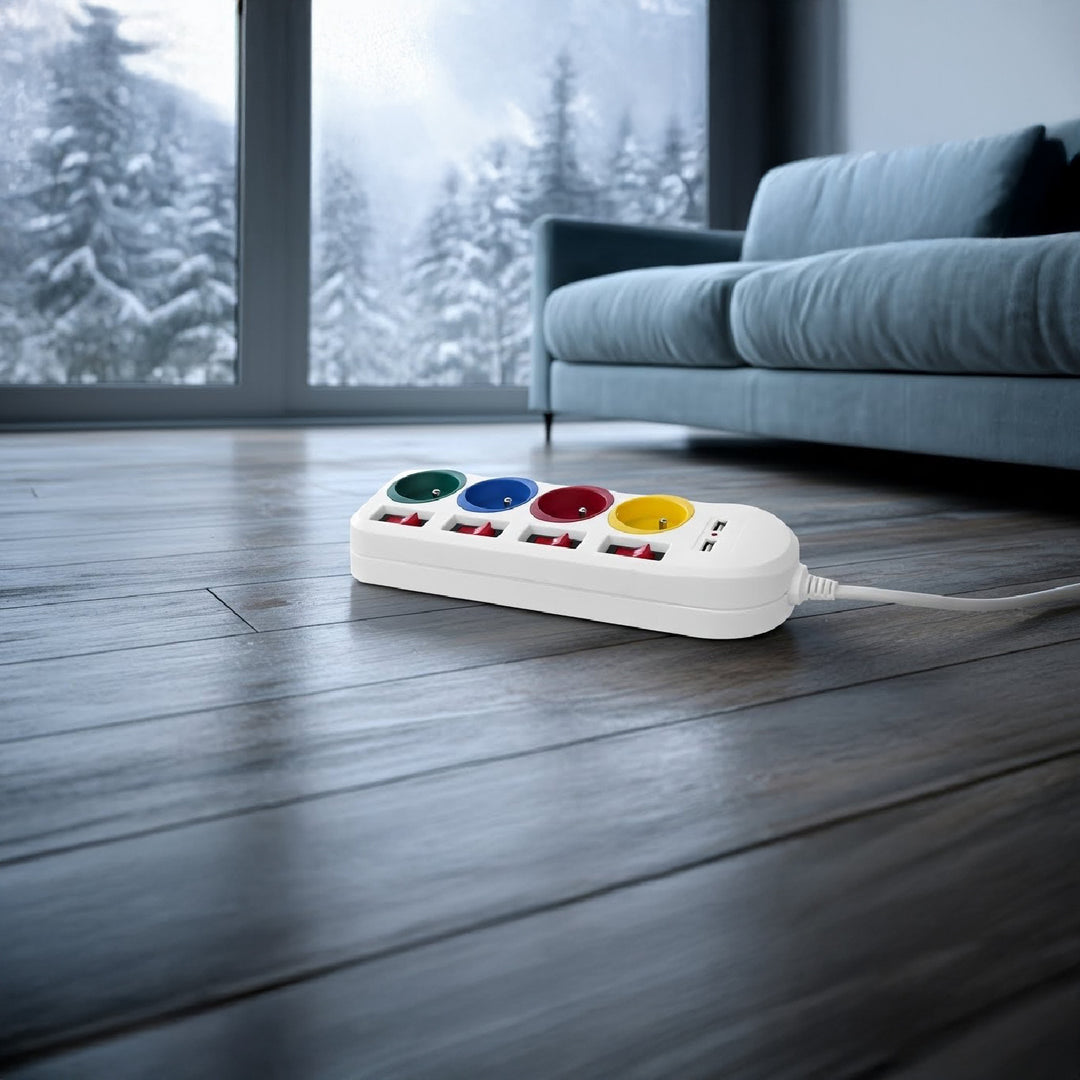 Maclean - Stekkerdoos met schakelaars met penaarde - 4-voudig + 2x USB - 250VAC/10A, 2,1A 5V - 1.5m - Wit