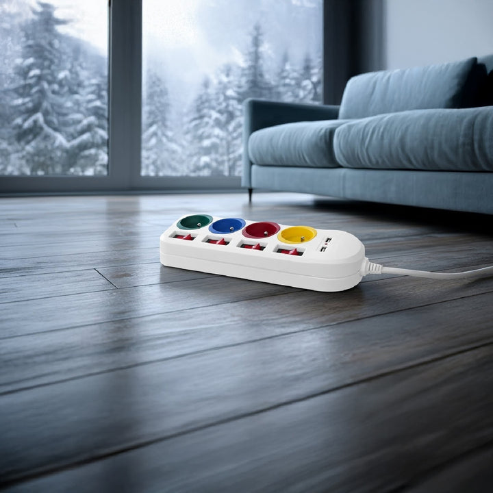 Maclean - Stekkerdoos met schakelaars met penaarde - 4-voudig + 2x USB - 250VAC/10A, 2,1A 5V - 1.5m - Wit