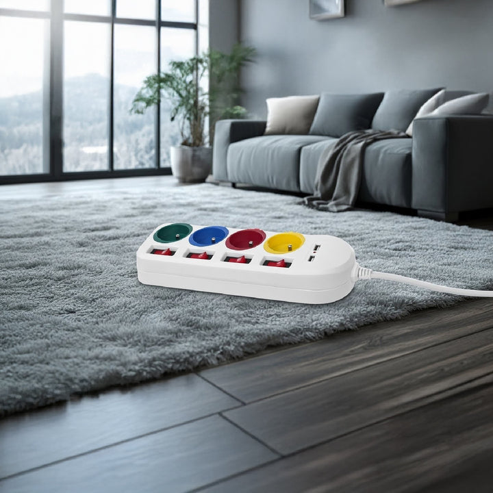 Maclean - Stekkerdoos met schakelaars met penaarde - 4-voudig + 2x USB - 250VAC/10A, 2,1A 5V - 1.5m - Wit