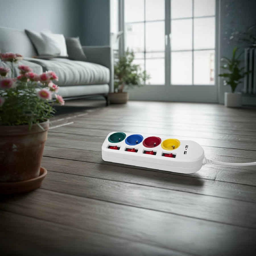 Maclean - Stekkerdoos met schakelaars met penaarde - 4-voudig + 2x USB - 250VAC/10A, 2,1A 5V - 1.5m - Wit