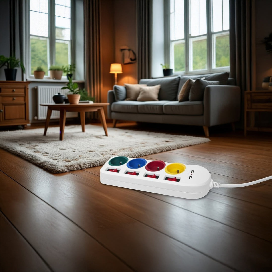 Maclean - Stekkerdoos met schakelaars met penaarde - 4-voudig + 2x USB - 250VAC/10A, 2,1A 5V - 1.5m - Wit