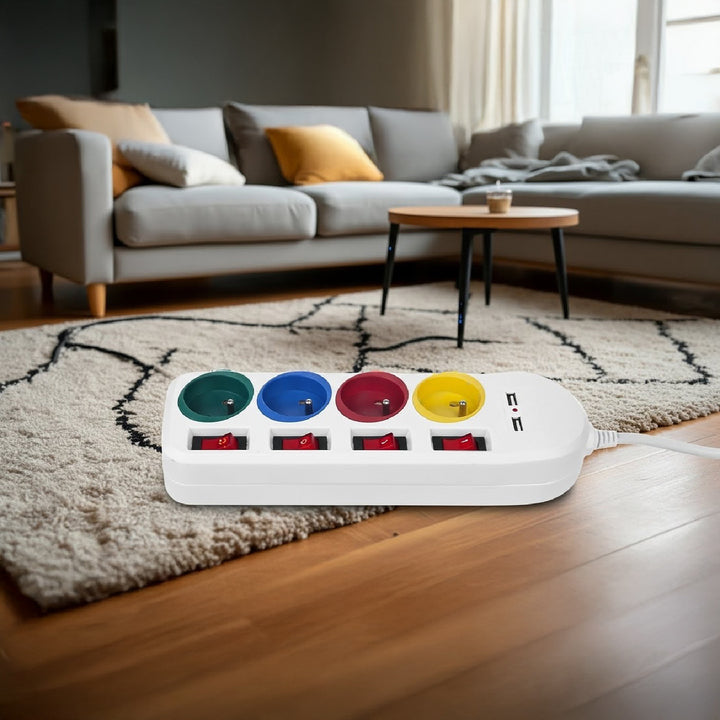 Maclean - Stekkerdoos met schakelaars met penaarde - 4-voudig + 2x USB - 250VAC/10A, 2,1A 5V - 1.5m - Wit