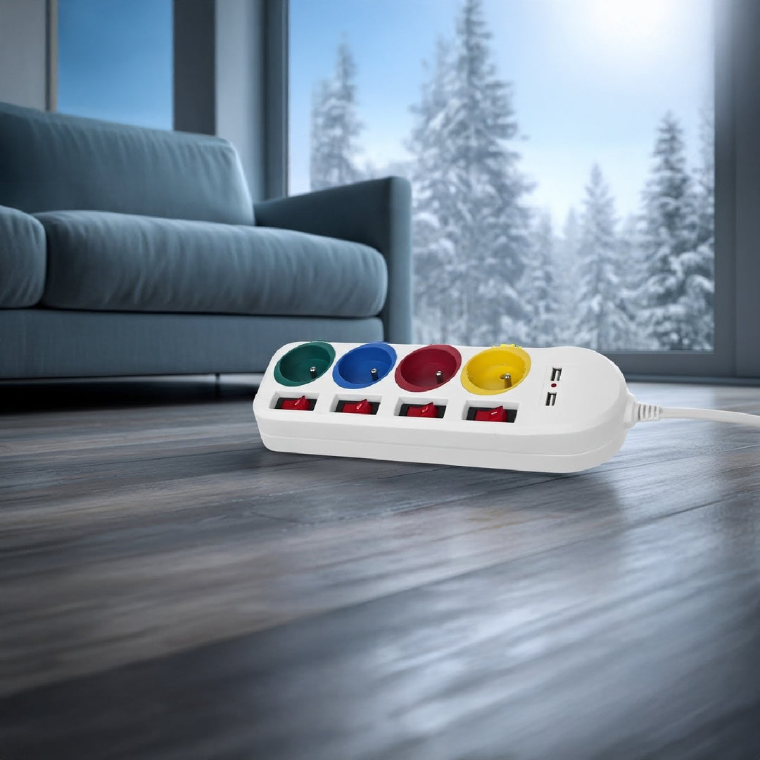 Maclean - Stekkerdoos met schakelaars met penaarde - 4-voudig + 2x USB - 250VAC/10A, 2,1A 5V - 1.5m - Wit