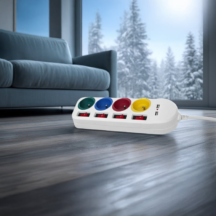 Maclean - Stekkerdoos met schakelaars met penaarde - 4-voudig + 2x USB - 250VAC/10A, 2,1A 5V - 1.5m - Wit