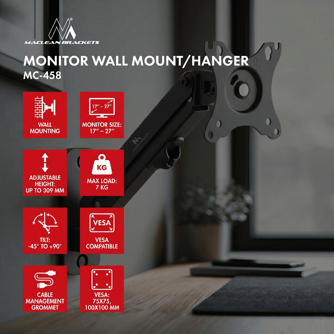 Maclean muurbeugel voor monitor, 17-27'', max. 7kg, gasveer, MC-458