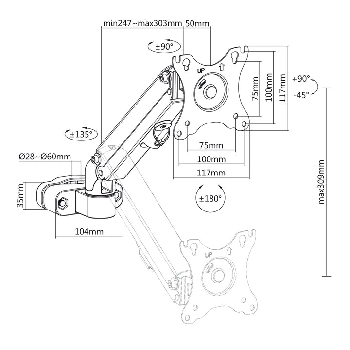 Monitorsteun voor buis/post 28-60mm Maclean, 17-27'', max. 7kg, veermechanisme, MC-459