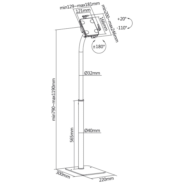 Maclean reclamestandaard voor tablet, vloermontage met slot, 7,9"-11", universeel, MC-467W