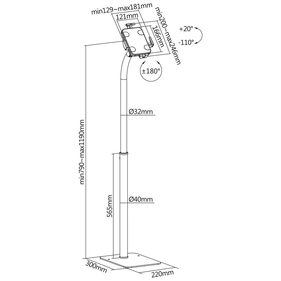 Maclean reclamestandaard voor tablet, vloermontage met slot, 7,9"-11", universeel, MC-467W