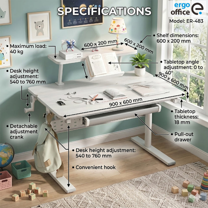 Ergo Office - Kinderbureau - Hoogte verstelbaar - max 40kg 900x600mm - Grijs