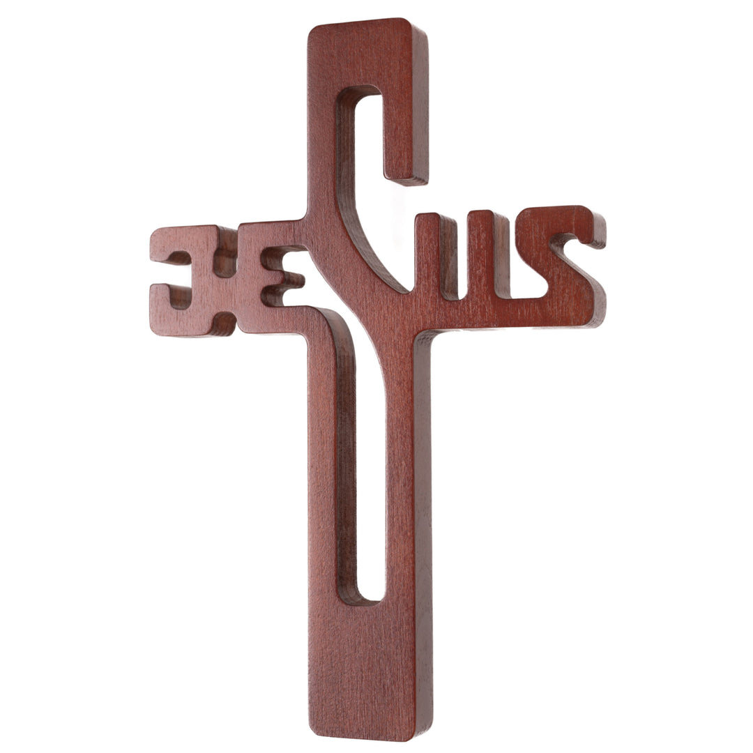 Houten hangend kruis JEZUS opschrift bruin 30x20x1.8cm
