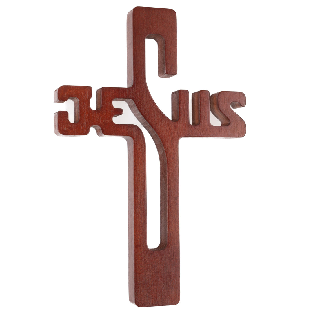 Houten hangend kruis JEZUS opschrift bruin 30x20x1.8cm