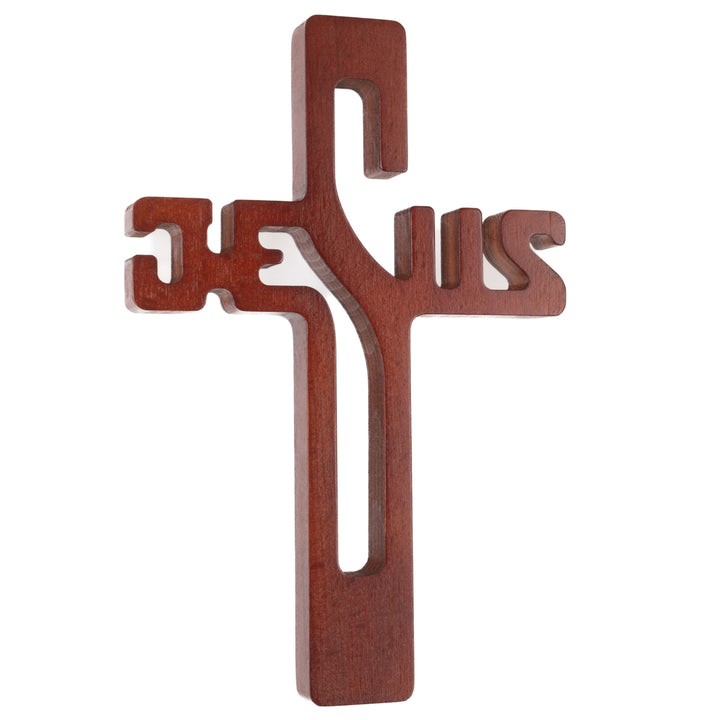 Houten hangend kruis JEZUS opschrift bruin 30x20x1.8cm