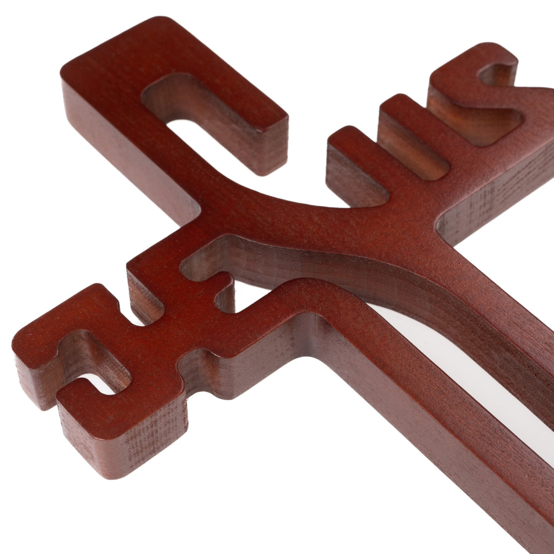 Houten hangend kruis JEZUS opschrift bruin 30x20x1.8cm