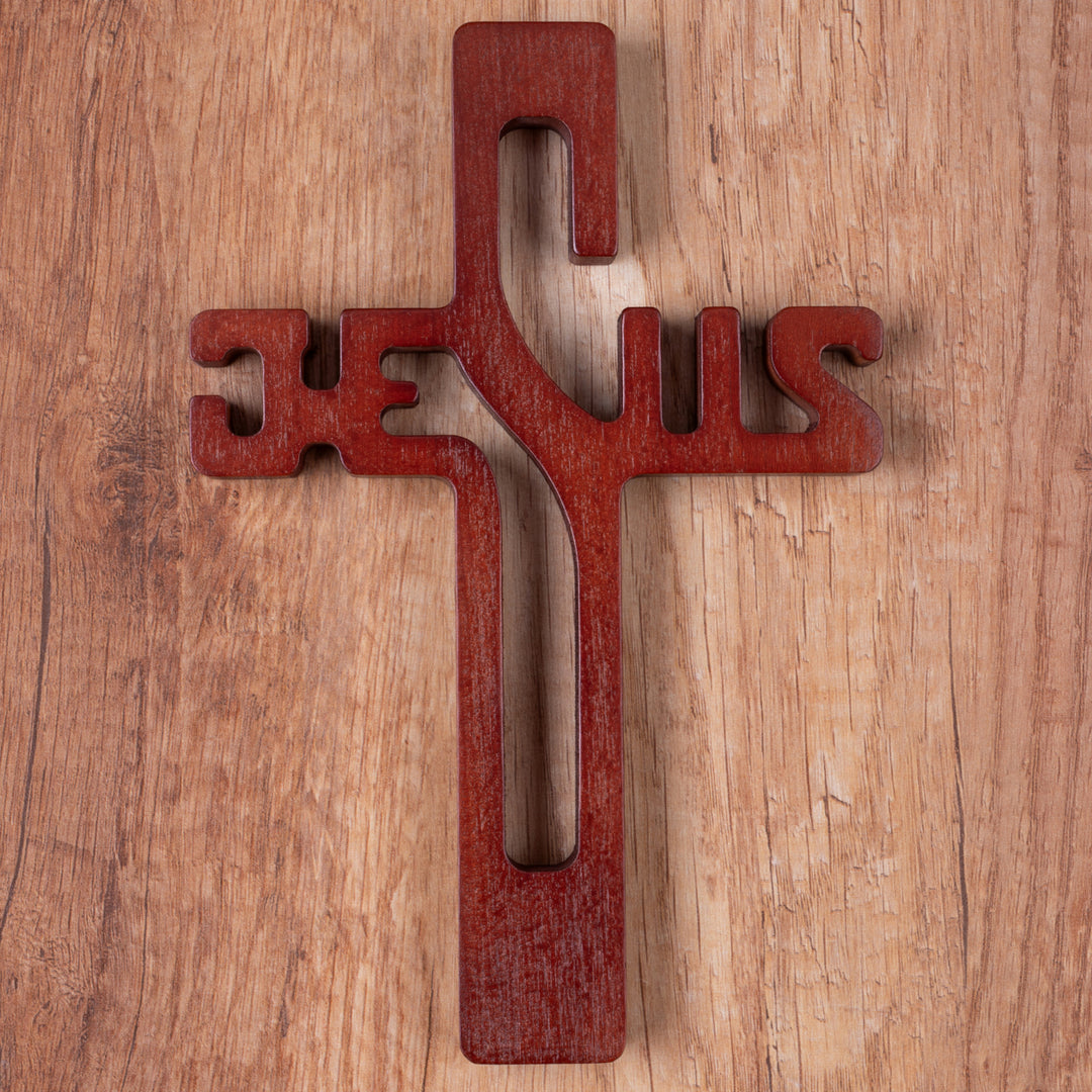 Houten hangend kruis JEZUS opschrift bruin 30x20x1.8cm