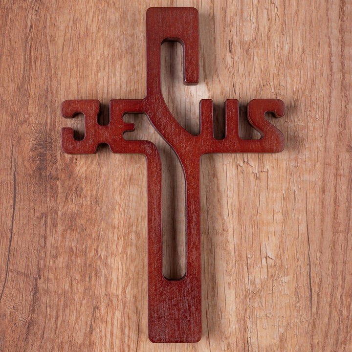 Houten hangend kruis JEZUS opschrift bruin 30x20x1.8cm