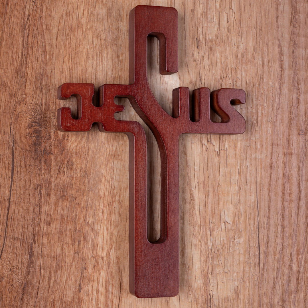 Houten hangend kruis JEZUS opschrift bruin 30x20x1.8cm