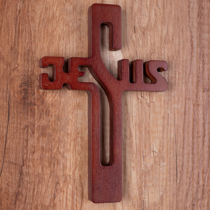 Houten hangend kruis JEZUS opschrift bruin 30x20x1.8cm