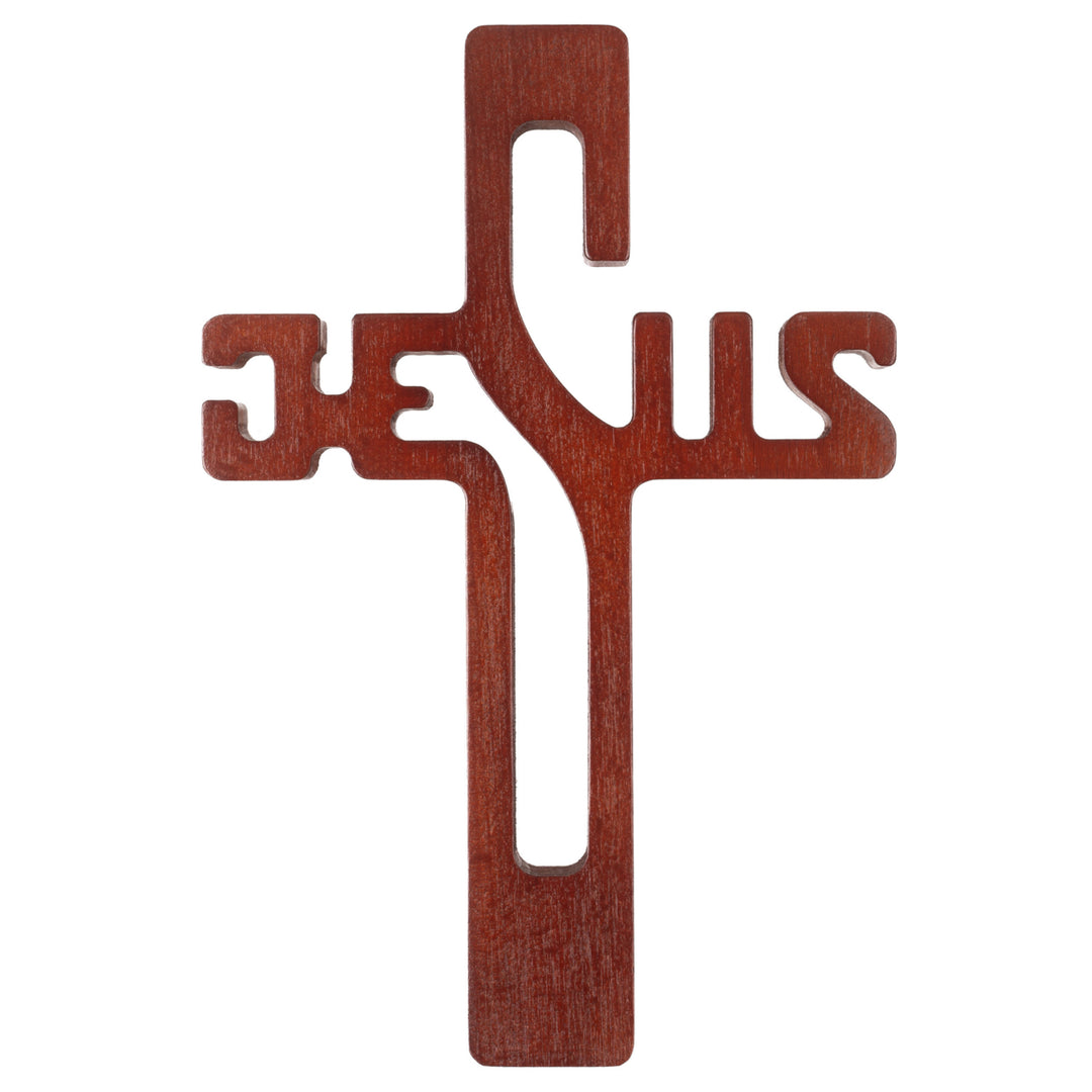 Houten hangend kruis JEZUS opschrift bruin 30x20x1.8cm