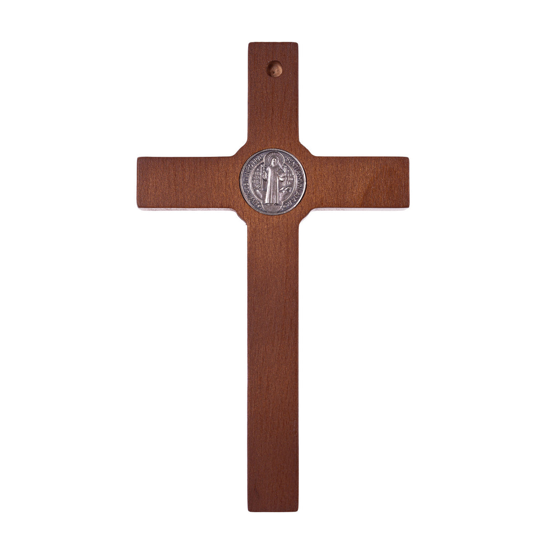 Houten Sint Benedictus kruis hangend met pasque brons 18x10x1.8cm