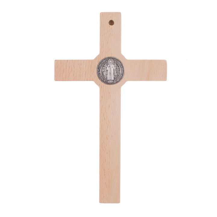 Houten hangend Sint Benedictus kruis met pasque naturel 22x12x1.8cm