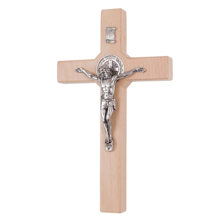 Houten hangend Sint Benedictus kruis met pasque naturel 22x12x1.8cm