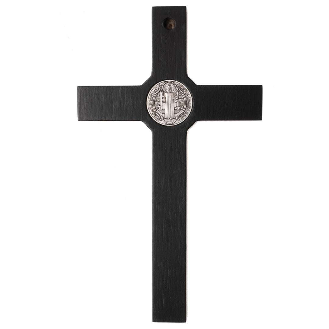 Houten Sint Benedictus kruis hangend met pasque zwart 22x12x1.8cm