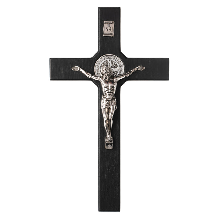 Houten Sint Benedictus kruis hangend met pasque zwart 22x12x1.8cm