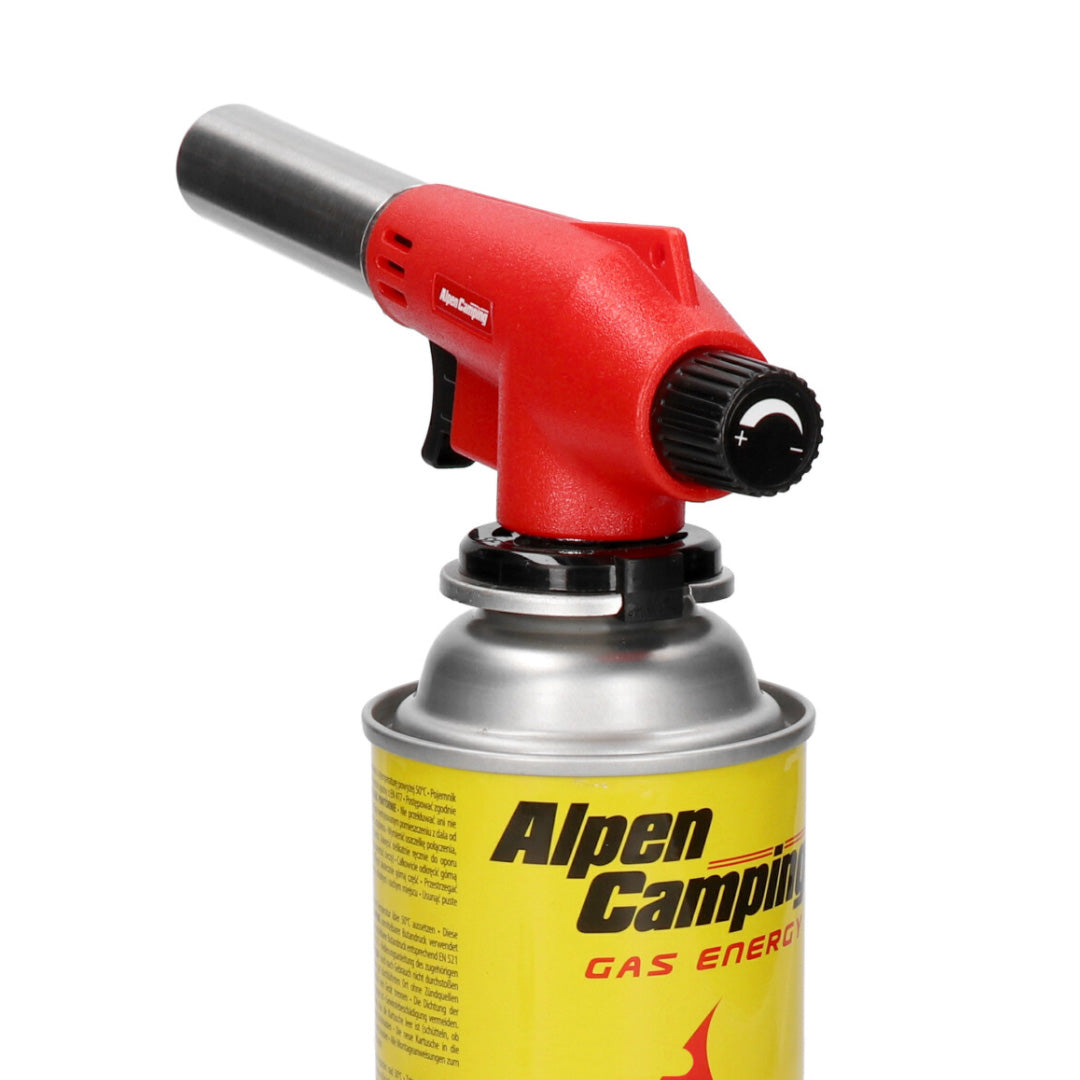 Alpen Campingpatroonbrander, vlamtemperatuur 1350 graden C, piëzo-ontsteking, vlamregeling, VULCANO + 4 patronen