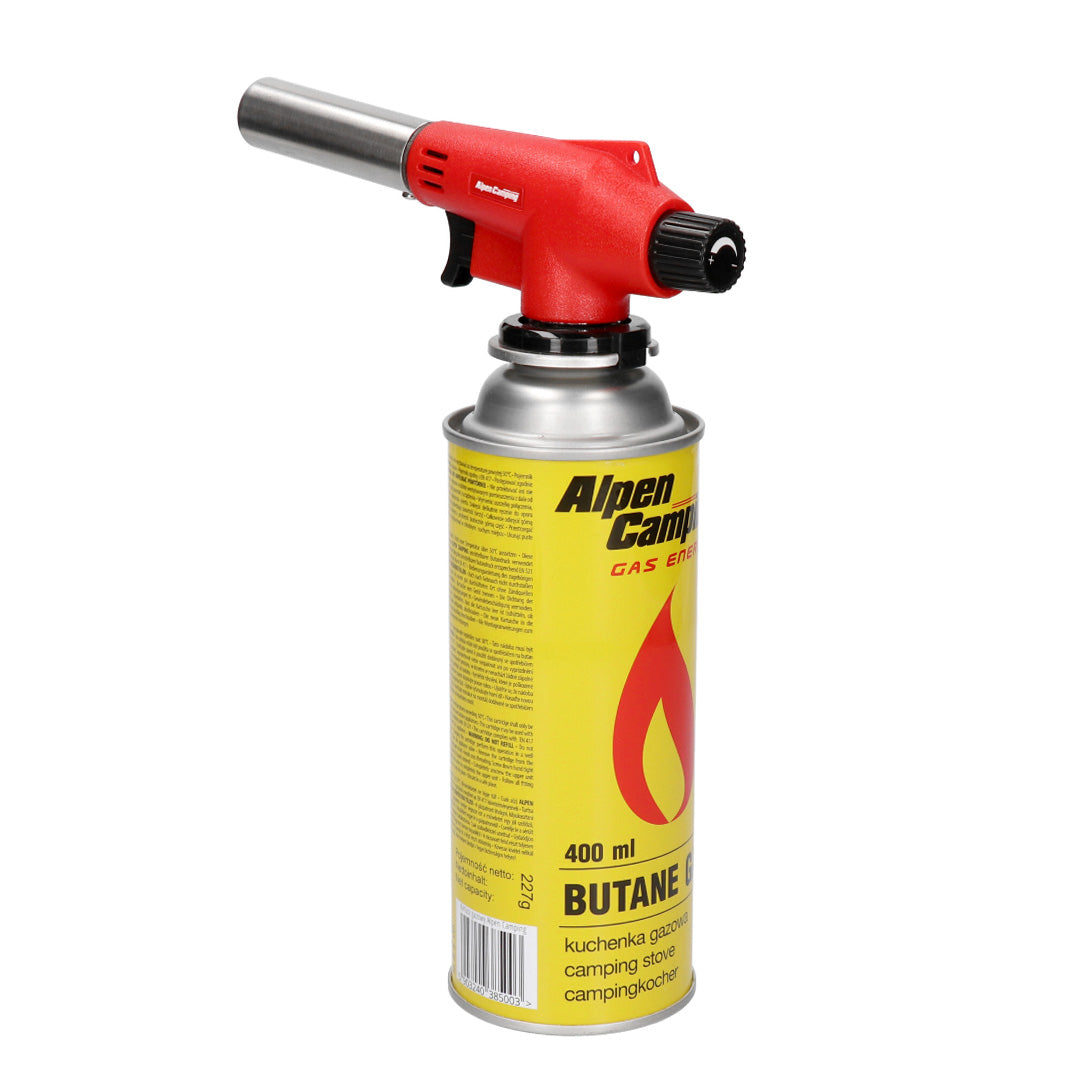 Alpen Campingpatroonbrander, vlamtemperatuur 1350 graden C, piëzo-ontsteking, vlamregeling, VULCANO + 4 patronen