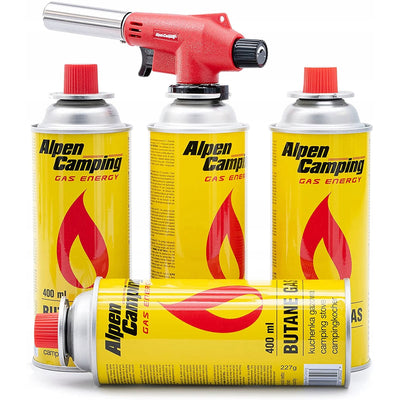 Alpen Campingpatroonbrander, vlamtemperatuur 1350 graden C, piëzo-ontsteking, vlamregeling, VULCANO + 4 patronen