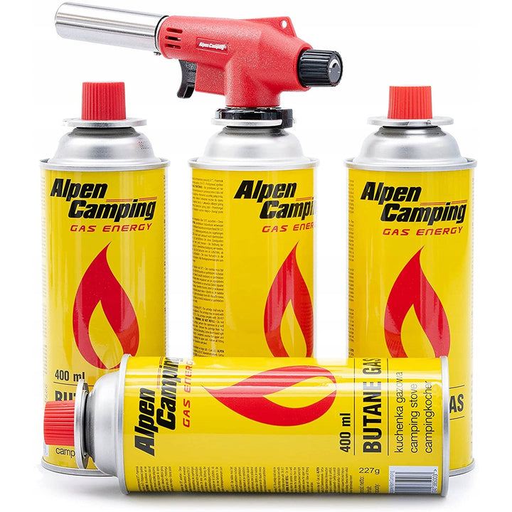 Alpen Campingpatroonbrander, vlamtemperatuur 1350 graden C, piëzo-ontsteking, vlamregeling, VULCANO + 4 patronen