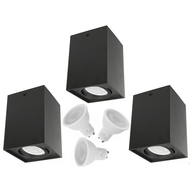 3x Maclean buis / opbouwarmatuur, spot, vierkant, aluminium, GU10, 80x80x115mm, zwart, MCE426 B + 3x LED lamp 5W