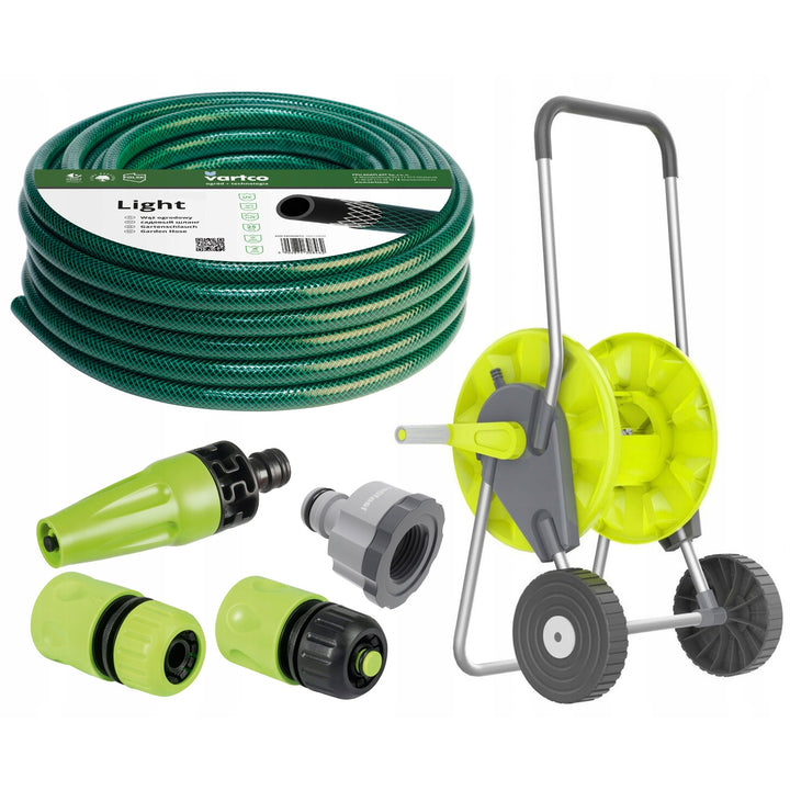 Tuinset - 50m 1/2'' slang, trolley, snelkoppeling - door en stop, rechte sproeier, binnendraadaansluiting