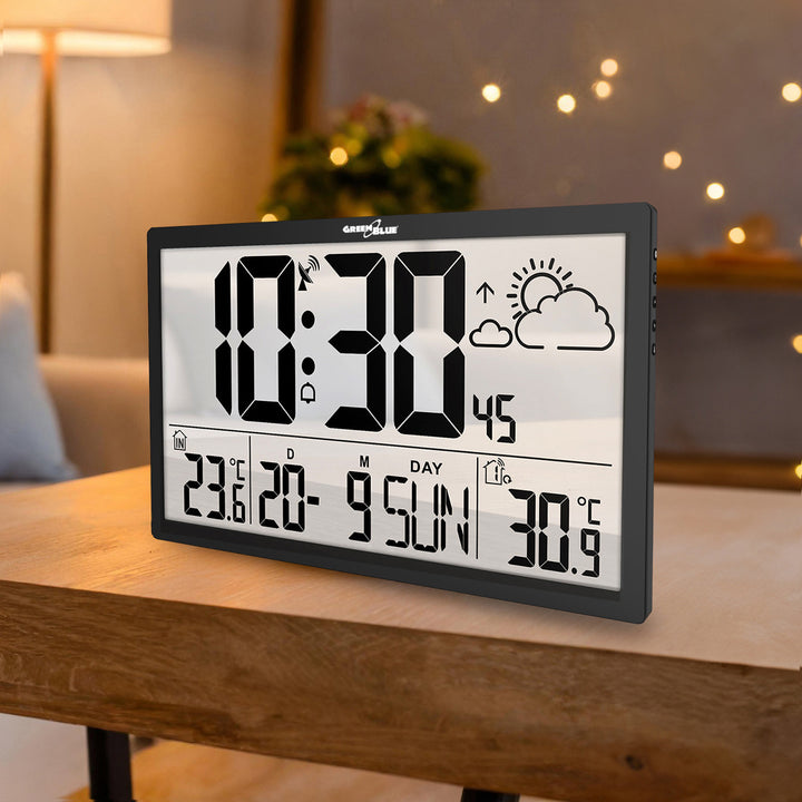 GreenBlue extra grote LCD wandklok, temperatuur, datum, GB218