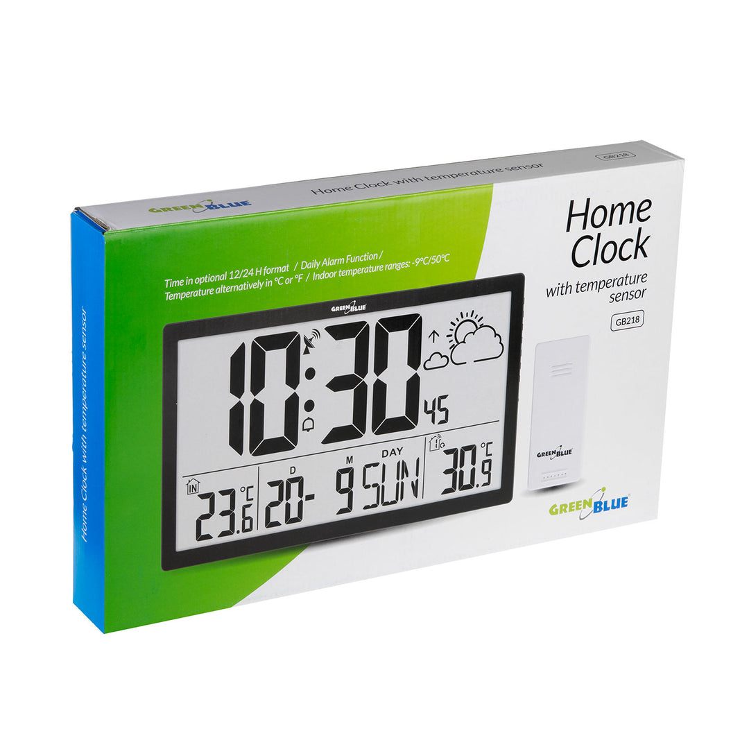 GreenBlue extra grote LCD wandklok, temperatuur, datum, GB218