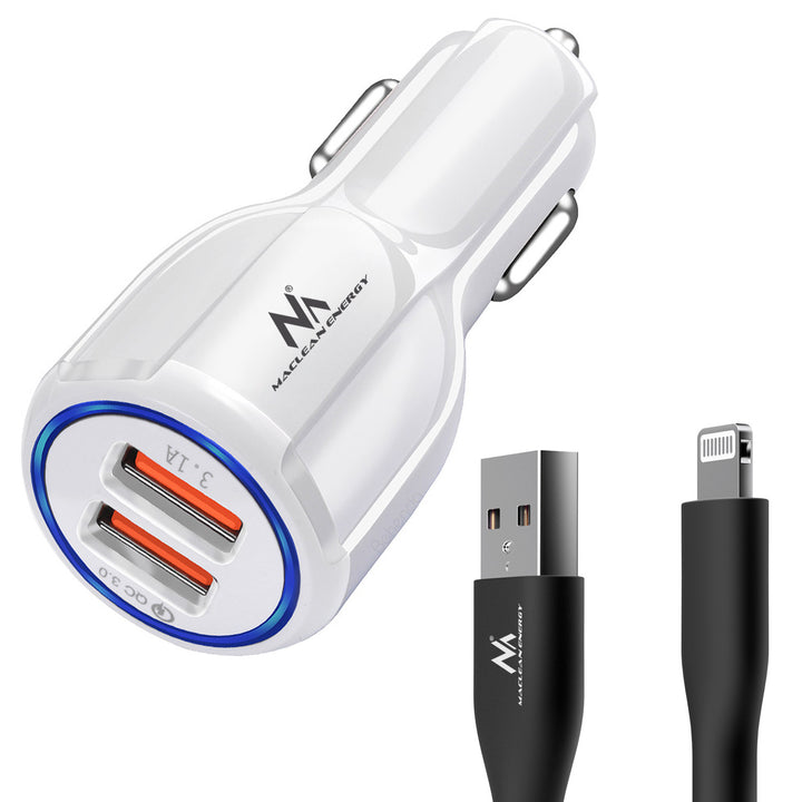 Maclean autolader, Qualcomm Quick Charge, QC 3.0 - 5V/3A, 9V/1.8A, 12V/1.6A, 5V/3.1A aansluiting met USB Lightning kabel