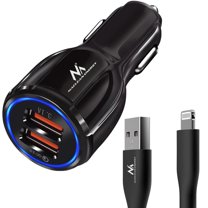 Maclean autolader, Qualcomm Quick Charge, QC 3.0 - 5V/3A, 9V/1.8A, 12V/1.6A, 5V/3.1A aansluiting met USB Lightning kabel