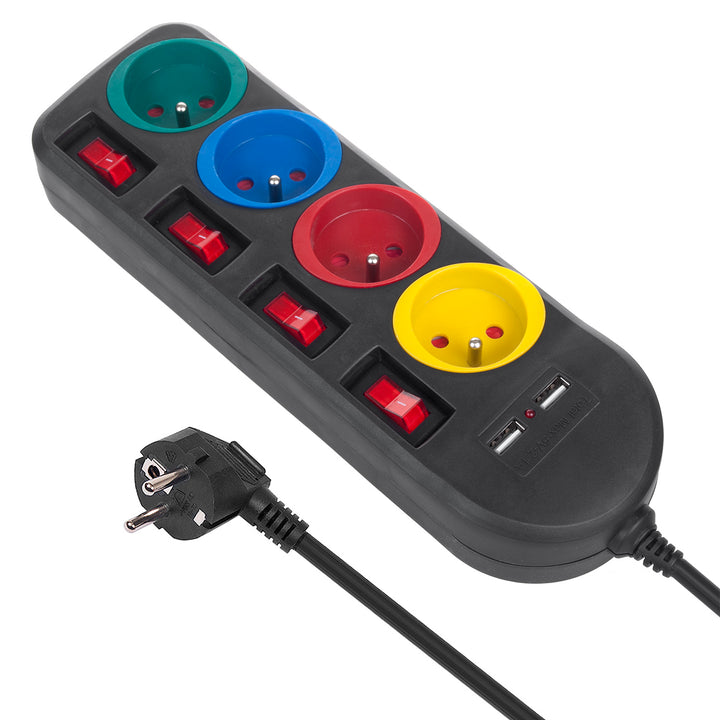 Maclean stekkerdoos, 4-voudige verlengkabel + 2xUSB, met schakelaars, 250VAC/10A, 2,1A 5V, 1,5m, wit, MCE229B + USB-kabel MCE471