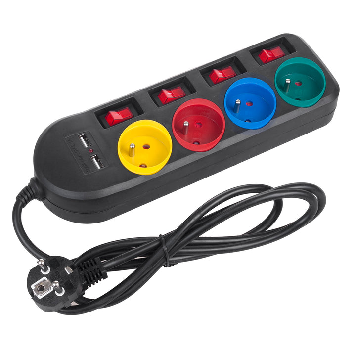 Maclean stekkerdoos, 4-voudige verlengkabel + 2xUSB, met schakelaars, 250VAC/10A, 2,1A 5V, 1,5m, wit, MCE229B + USB-kabel MCE471