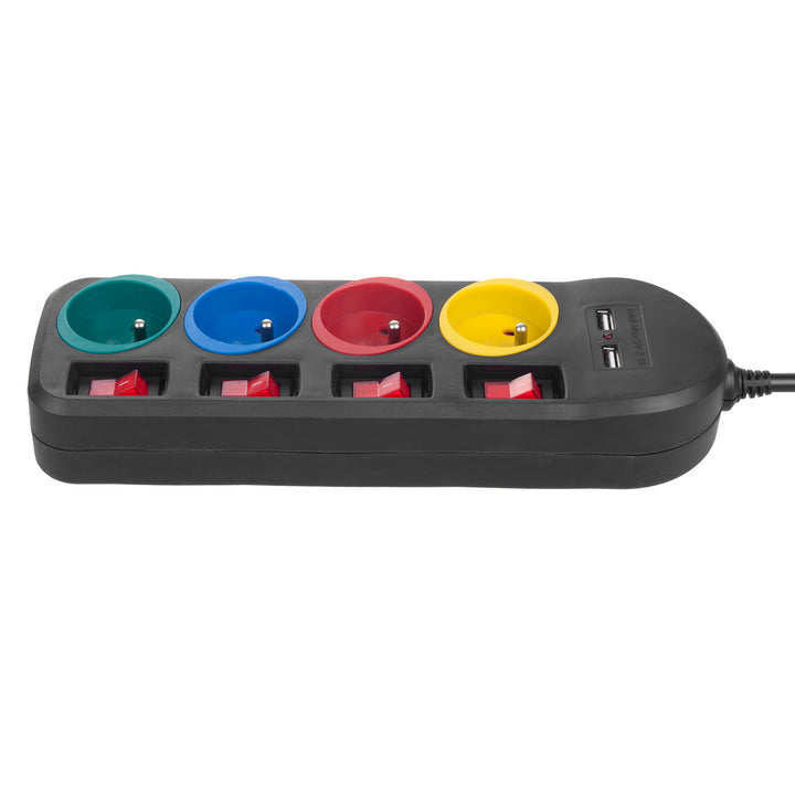 Maclean stekkerdoos, 4-voudige verlengkabel + 2xUSB, met schakelaars, 250VAC/10A, 2,1A 5V, 1,5m, wit, MCE229B + USB-kabel MCE471