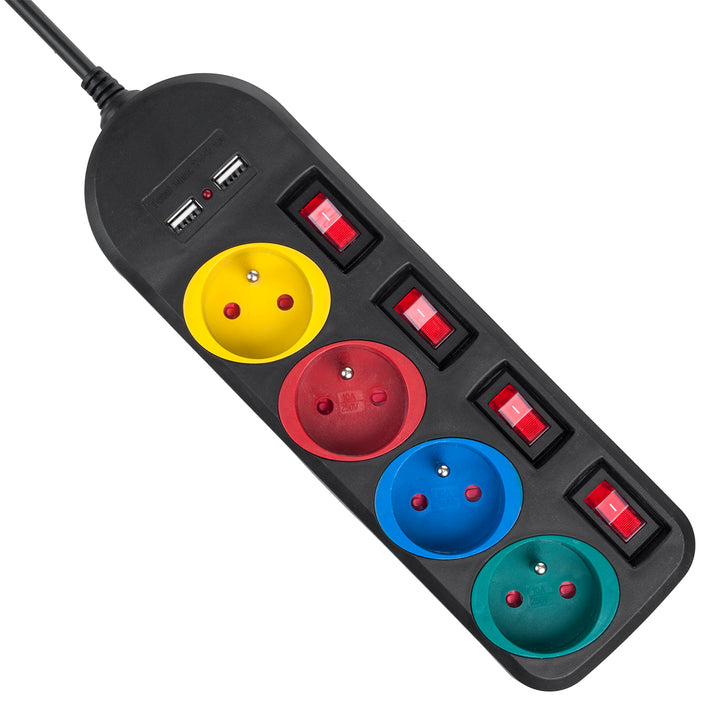 Maclean stekkerdoos, 4-voudige verlengkabel + 2xUSB, met schakelaars, 250VAC/10A, 2,1A 5V, 1,5m, wit, MCE229B + USB-kabel MCE471