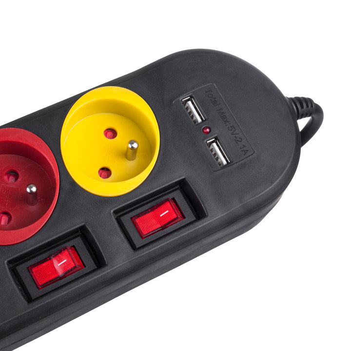 Maclean stekkerdoos, 4-voudige verlengkabel + 2xUSB, met schakelaars, 250VAC/10A, 2,1A 5V, 1,5m, wit, MCE229B + USB-kabel MCE471