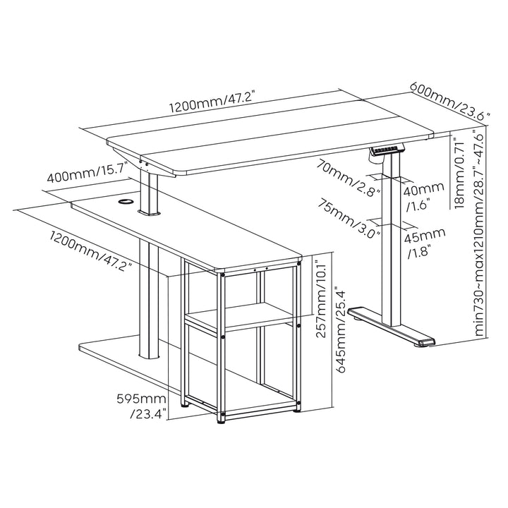 Ergo Office - E Bureau - zit-sta Bureau - lektrisch hefbureau, max. hoogte 121cm, max. 70 kg, met tafelblad en legplanken, voor staand en zittend werk, rustiek bruin, ER-450, 2-delig