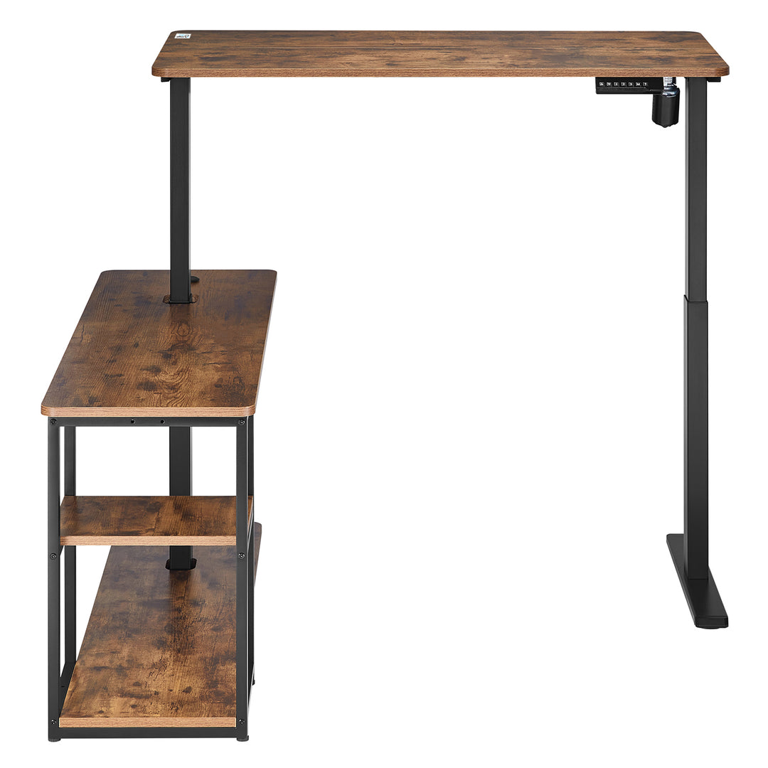 Ergo Office - E Bureau - zit-sta Bureau - lektrisch hefbureau, max. hoogte 121cm, max. 70 kg, met tafelblad en legplanken, voor staand en zittend werk, rustiek bruin, ER-450, 2-delig