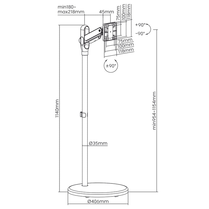 Maclean - Mobiele monitor-/tv-vloerstandaard - Gasveer - 17"-35" - 2-10kg - zwart - MC-970B