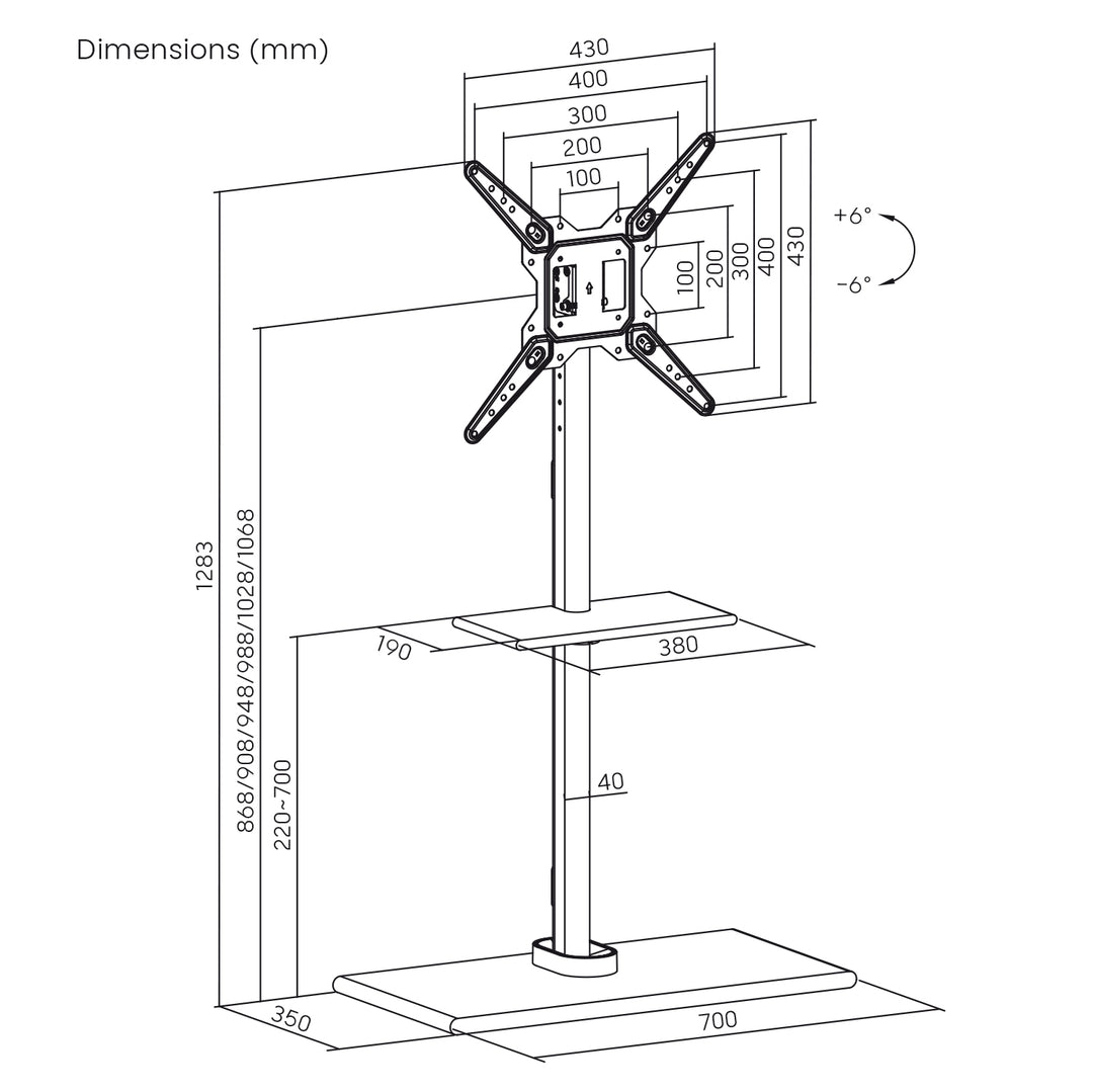 Maclean - TV statief - TV standaard - vloerstandaard voor TV met plank - 23"-55", 35kg, zwart, MC-972 - Voor LED, LCD, OLED, QLED