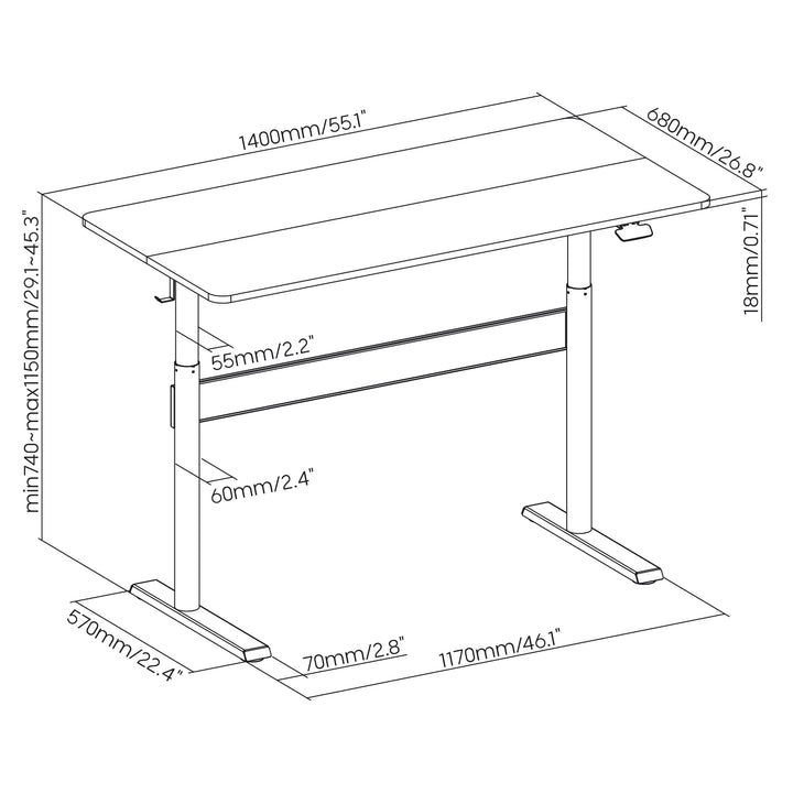 Ergo Office - Bureau - In hoogte verstelbaar ergonomisch bureau 140x68cm  -  staand en zittend werken, max hoogte 115cm, ER-453