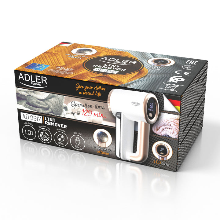 Adler scheerapparaat voor stoffen, opladen via USB, LCD-display, 3-traps snelheid, borstel, AD 9617